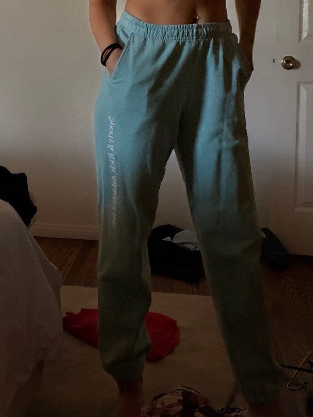 Sporty & Rich Athletic Club Sweatpants in Aqua/White, men’s size Small.